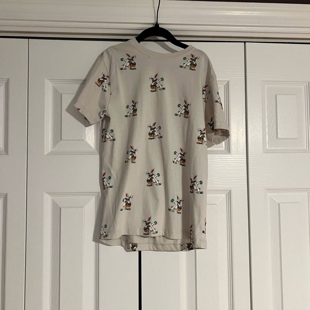 Denim & Flower Cream Graphic Tee with Rabbit Design